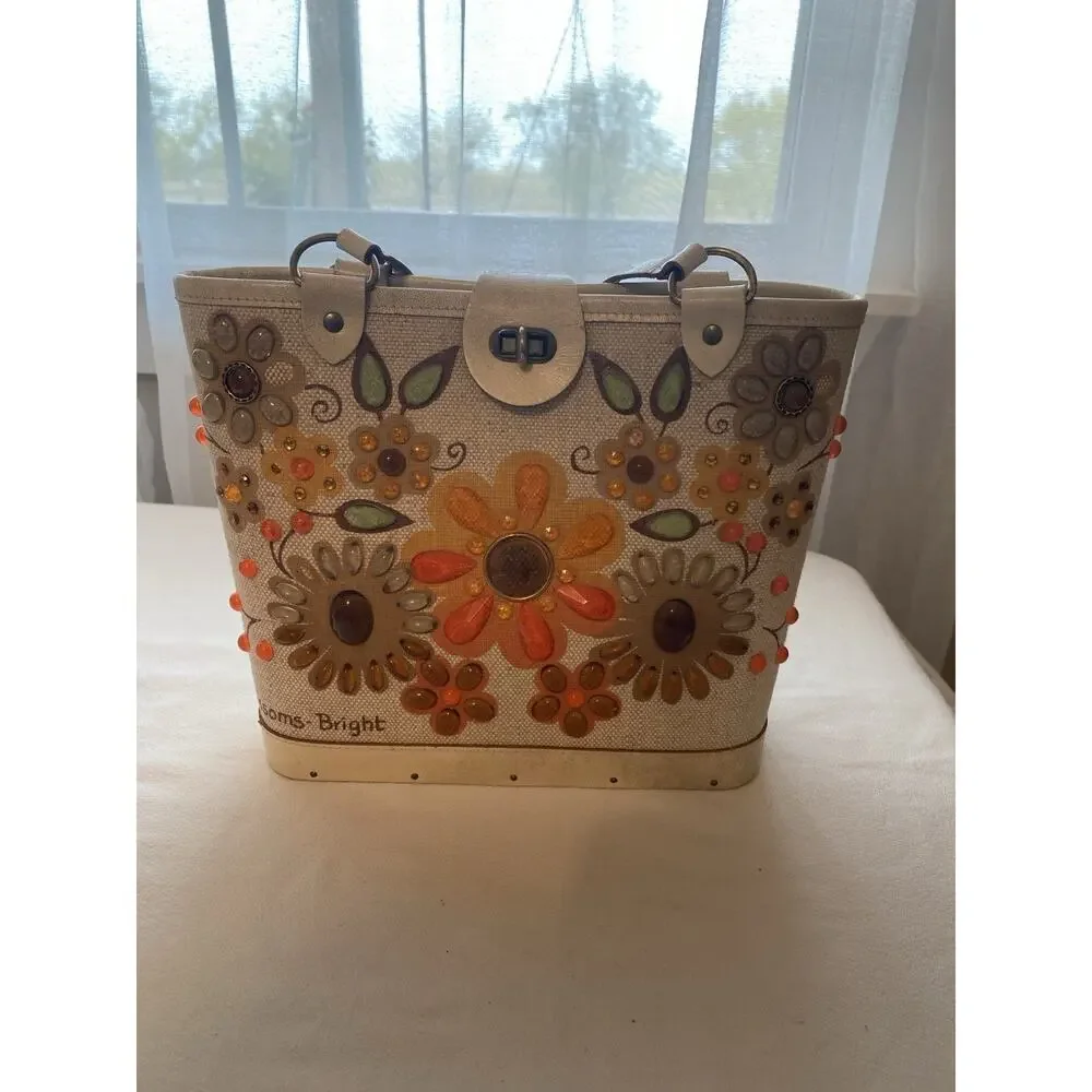 VTG Collin MCM Purse Handbag Flower Canvas Blossoms-Bright Wood Bottom READ - Picture 5 of 16